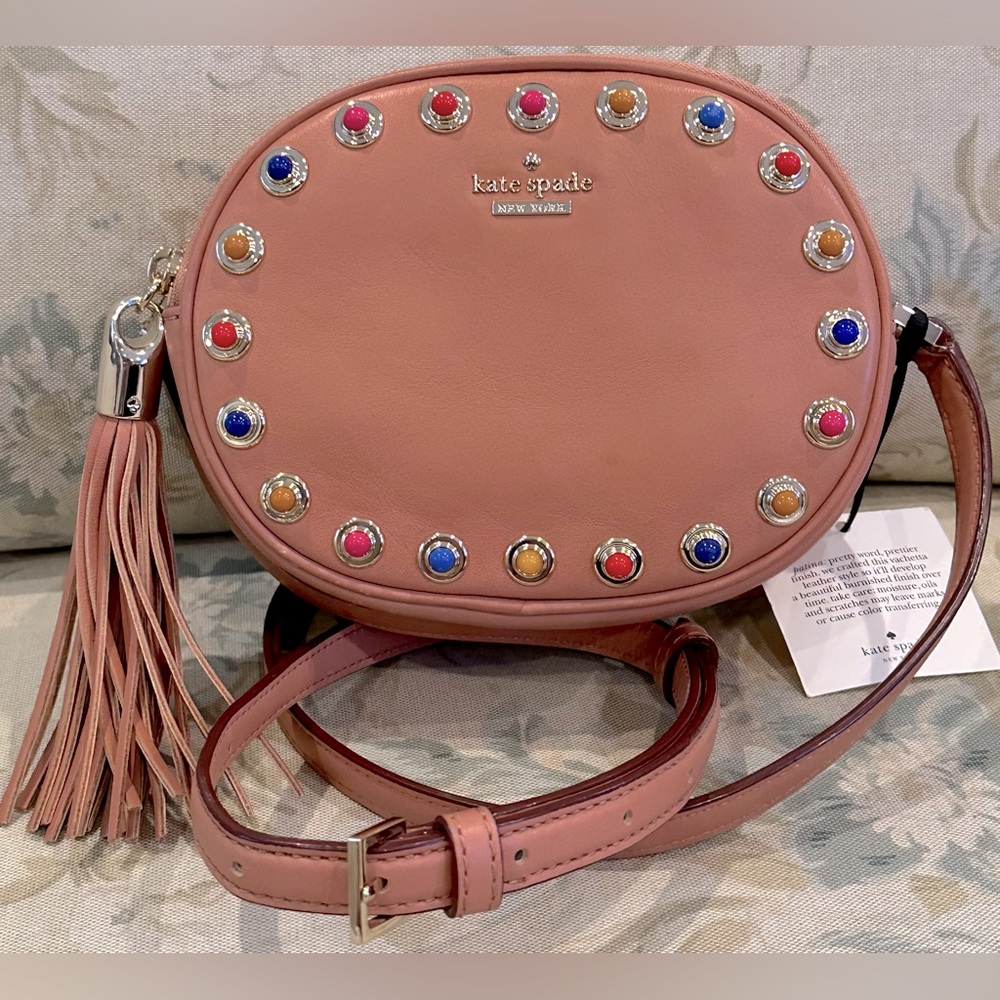 Kate Spade New York Leather studded Crossbody with Tassel Zipper Pull